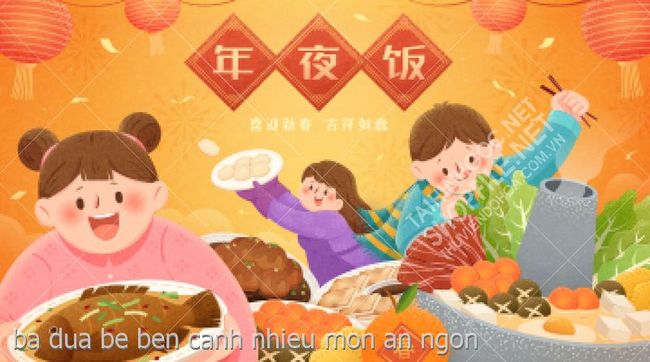 ba dua be ben canh nhieu mon an ngon